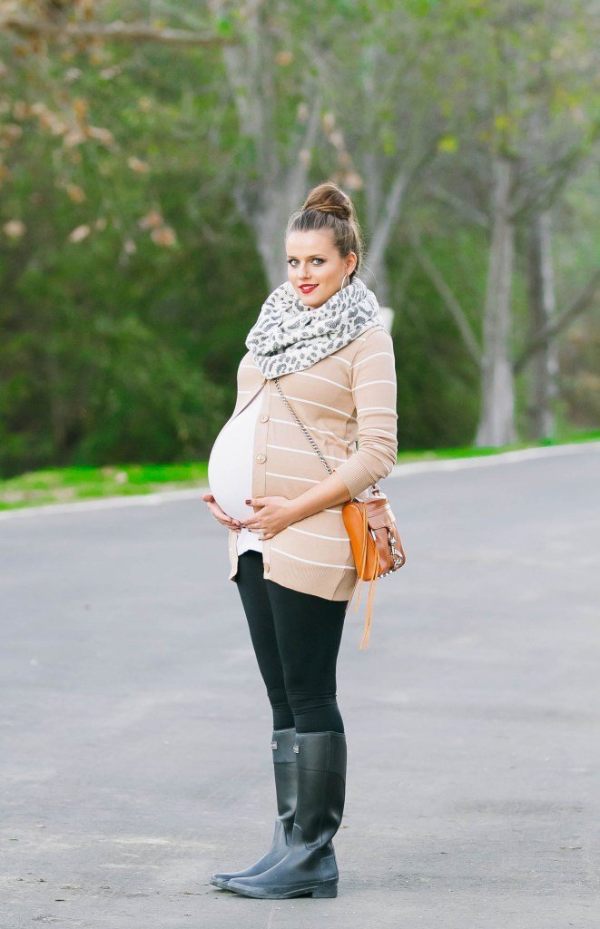 Striped Cardigan & Hunter Boots Outfit