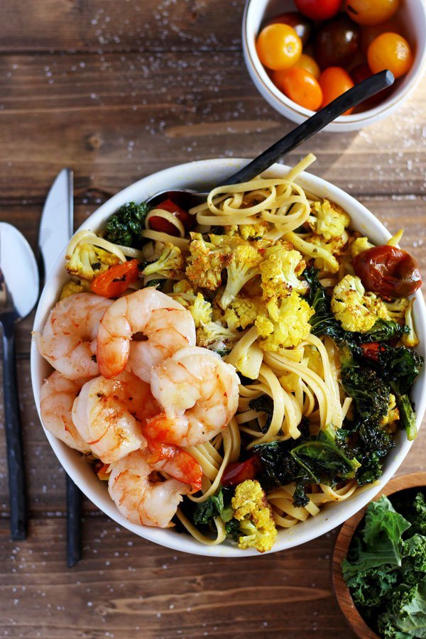 Roasted Turmeric Cauliflower, Kale And Shrimp Pasta + Brown Butter
