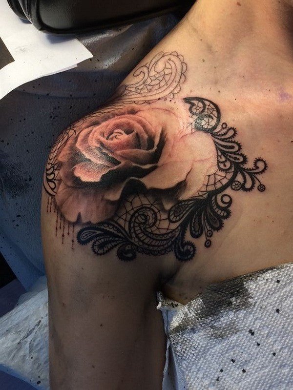 Rose & Lace Shoulder Tattoo