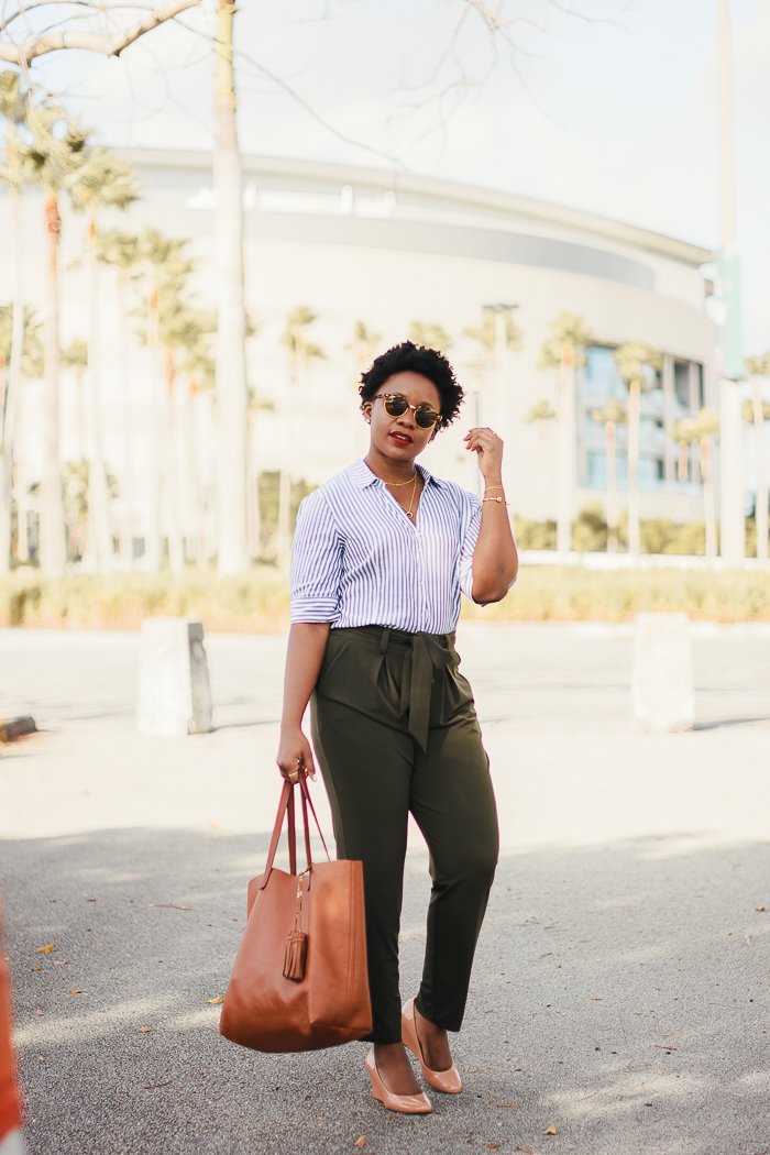 Striped Shirt, Olive Paper Bag Pants & Nude Wedges Beautifulfeed
