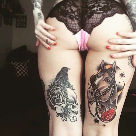 Horse & Roses Thigh Tattoos