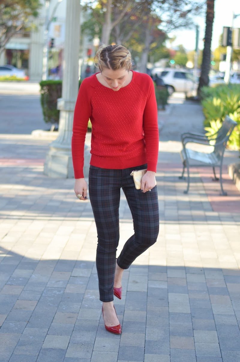 Plaid Pant With Red Dotted Sweater