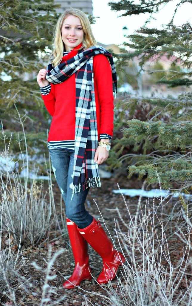 Red Turtleneck Sweater With Hunter Boot & Scarf