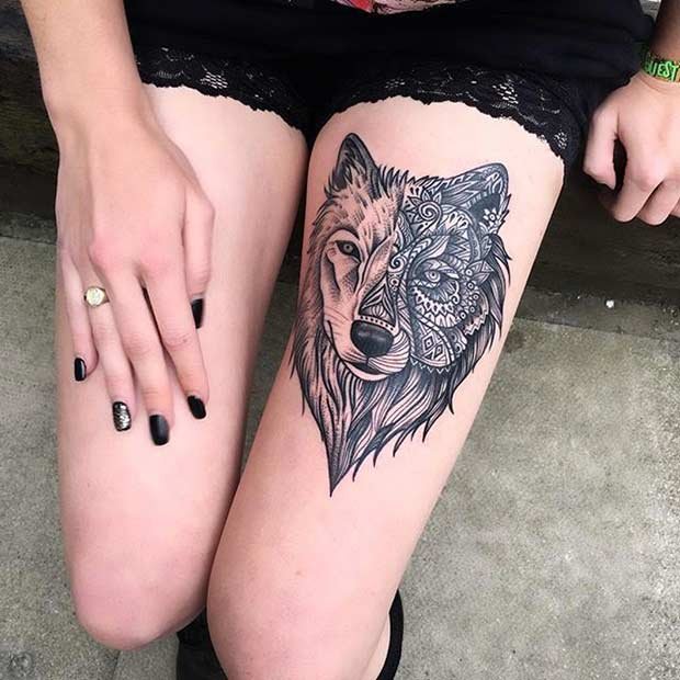 Wolf Design Thigh Tattoo
