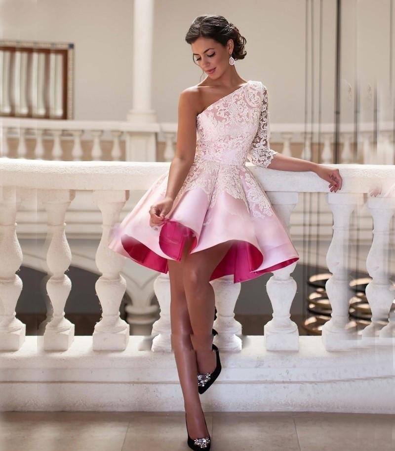 One Shoulder Short Lace Satin Ball Gown beautifulfeed