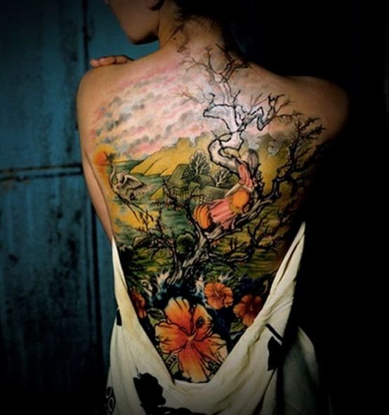 Cherry Blossom Tree Back Tattoo